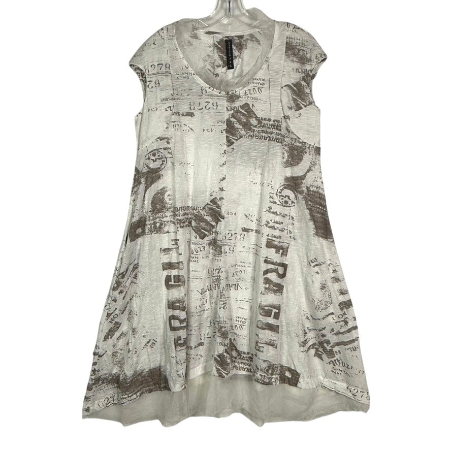 Gershon Bram Cap Sleeve Post Print Layered Tulle Hemline Dress White Women Large