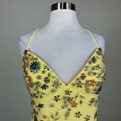 Mac Duggal 42006 Yellow Evening Gown Backless Floral Beaded A-Line Dress Size 10