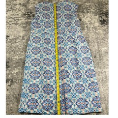 Jessica London 12W Blue White Peach Linen Rayon Maxi Dress Floral Tile Resort