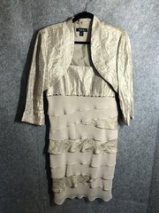 S.L. Fashions Dress Womens 16 Gold Chiffon Tiered Ruffle Sheath Midi Jacket
