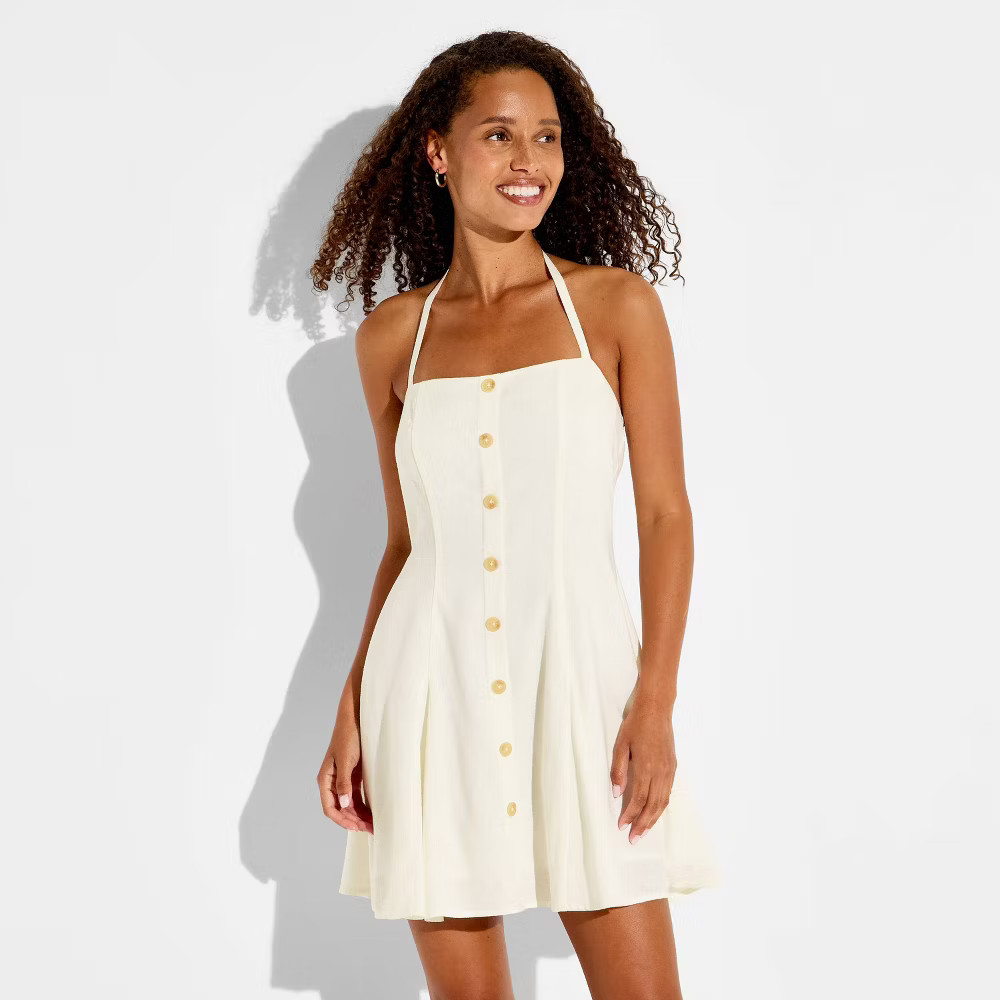 Women Button-Front Halter Mini A-Line Dress – Wild Fable Cream M