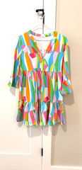 NWT Mary Square Laguna Sea Glass Dress Multi Geometric Tiered Ruffle Mini, Small