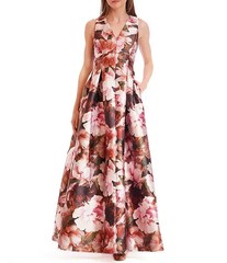 NEW, Julia Jordan Sleeveless Floral Mikado Print V-Neck A-Line Gown Sz 6 #LD375