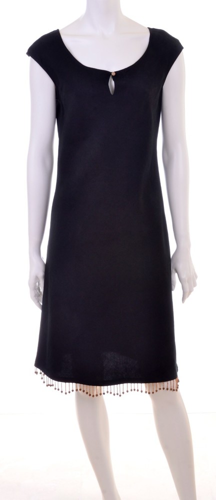 Finity Silk & Linen Black Tropical Islands Cruise Dress w Natural Beaded Hem 4