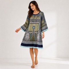 MSSP Max Studio Boho Shift Dress Size M Blue Green Geometric Print Pleated Trim
