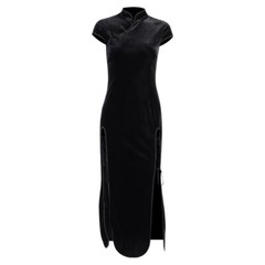 Damen Chinesisch Cheongsam Qipao Langes Kleid Mandarinkragen Samt Gothic Schwarz
