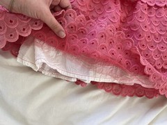 1950s pink strapless ruffle eyelet dress with white bow detail