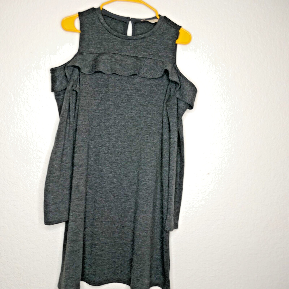 LOFT Dress Gray Cold Shoulder Long Sleeve Ruffle Knit Medium