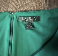 Lauren Ralph Lauren Green Satin Sheath Dress V-Neck Lined Ruched Zip, 4