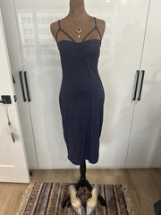 Navy Blue Microsuede Midi Dress With Spaghetti Straps And Cage Front Detail Sz L