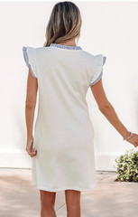 White Contrasted Striped Patchwork Split Neck Ruffle Trim Sleeveless Dress