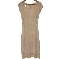 Kroshetta by Papillon Crochet Knit Midi Dress Cream Ivory Lined Boho S NWT