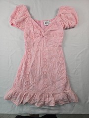 Hello Molly Pink Eyelet Babydoll Mini Dress Puff Sleeves Coquette Sz 6 Medium