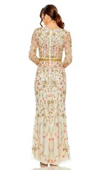 Mac Duggal Nude Multi Floral Long Sleeve Bead Embellished Long Dress Size 8 $798