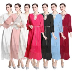 Chiffon Sequins Applique Loops Long Sleeve Women Casual Party Midi Pleated Dress