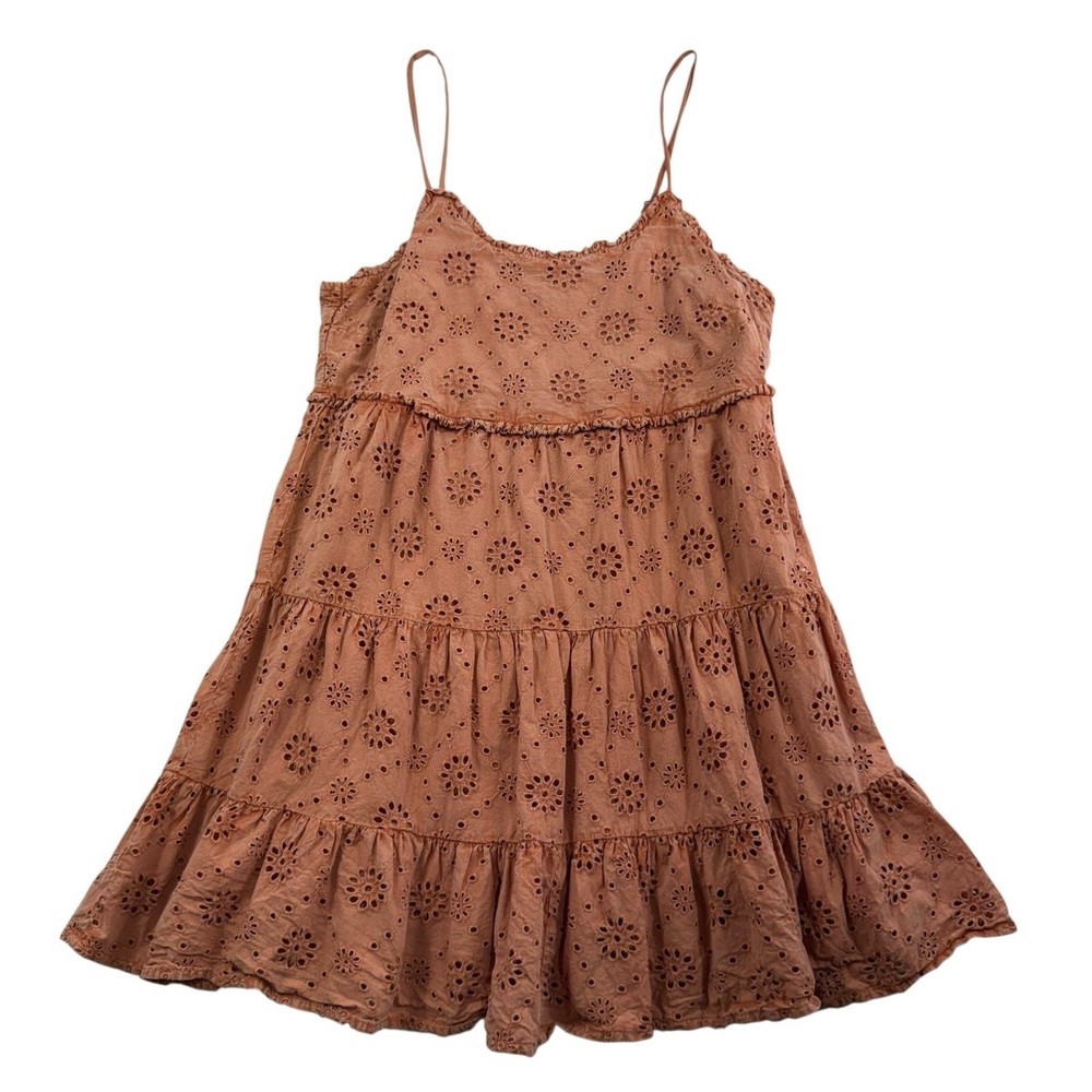 Rock and Roll Denim M Medium Eyelet Sleeveless Mini Dress Babydoll RUST Boho