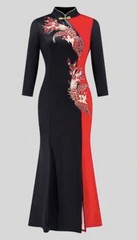 Lin En Elegant M Formal Gown Black Red Dragon Phoenix Embroidered Evening Dress