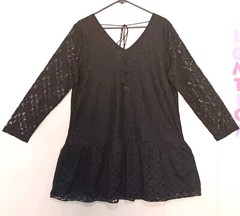 Velzera mini flare dress, loose lace, gathered ruffle, v-neck, long sleeves.