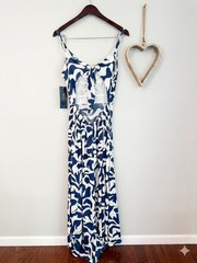 MSK Blue White Abstract Print Maxi Dress Coastal Chic Resortwear Twist Front MED