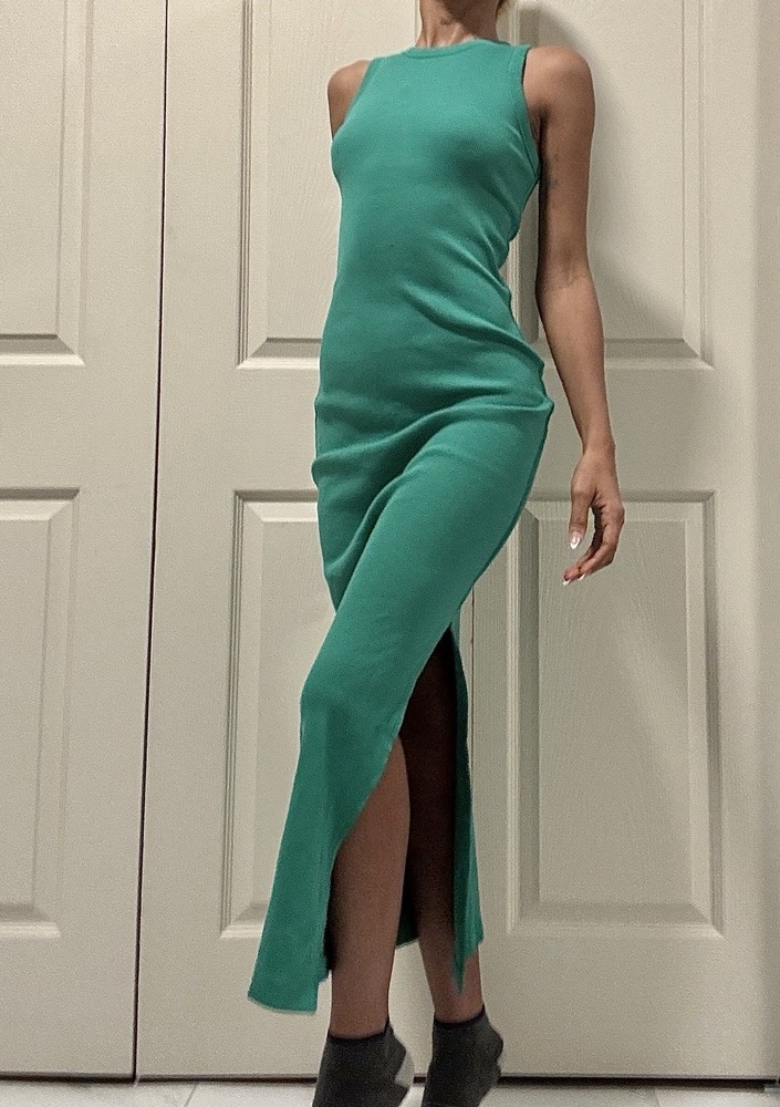 Universal Thread Green Ribbed Knit Bodycon Maxi Dress Side Slit Sleeveless XS