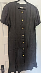Vintage Neiman Marcus Dress Women 14 100% Linen Black Gold Button Midi Shift