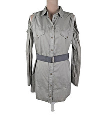 Brunello Cucinelli Khaki Off Shoulder Shirt Western Snap Front Mini Dress XXL