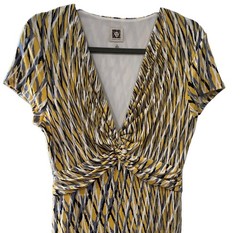 Anne Klein Women&rsquo;s 10 Yellow/Black/White Abstract Sheath V-Neck Twist Dress Fun
