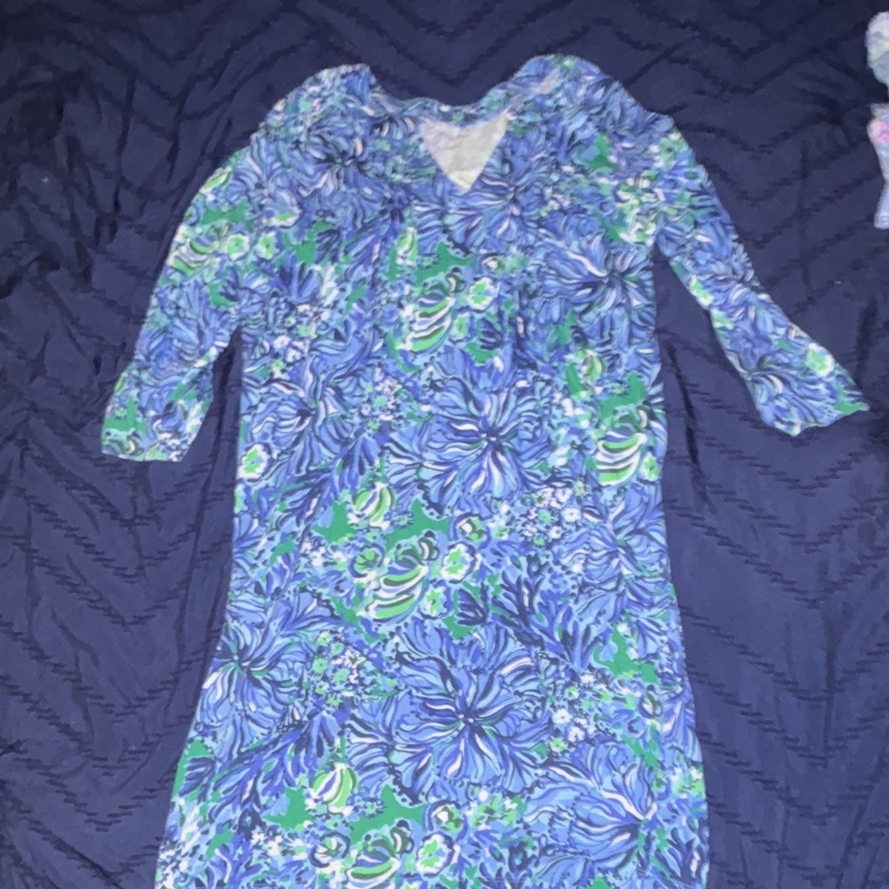 Lilly Pulitzer Women’s L Blue Green White Floral V-Neck 3/4 Sleeve Knee Dress