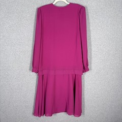 Vintage 80s Coco California Dress Medium Midi Pleated Drop Waist Bow Fuchsia USA