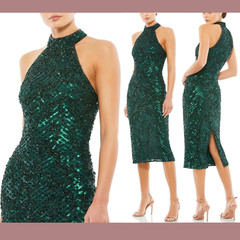 NWT $398 MAC DUGGAL [ 8 ] Sequined Halter Midi Dress in Bottle Green #G1457
