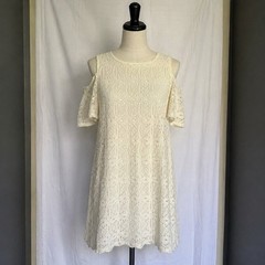 Womens Ivory Lace Eyelet Dress Cold Shoulder Boho Shift Size 14