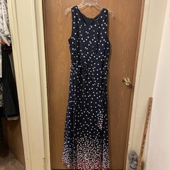 R & K Sleeveless Maxi Dress Navy w/ White & Red Polka Dots Patriotic 4th of July