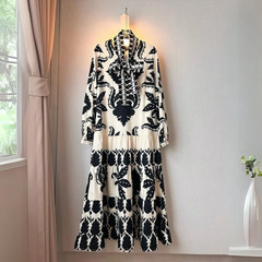 ZARA Black Ivory White Floral Maxi Ruffle Dress Puffy Sleeve Boho Art To Wear M