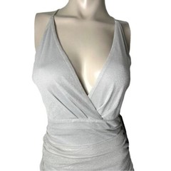 🆕Silver Metallic Threaded Cami Low Cut Ruched Open Back Nylon Mini Dress~Size S