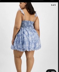 Plus Size Blue White Floral Square Neck Smocked Ruffle Sleeveless Sundress