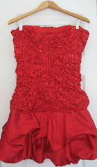STEPPIN&rsquo; OUT Red Satin BUBBLE MINI DRESS CLUB/PARTY/HOLIDAY/SALSA Sequins 11/12