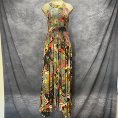 Abel The Label Halter Maxi Dress Size M Olive Green Floral Scarf Print Boho