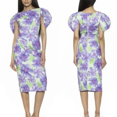 Alexia Admor Valentina Floral Puff Sleeve Midi Dress- Purple, Pink, & Green – S