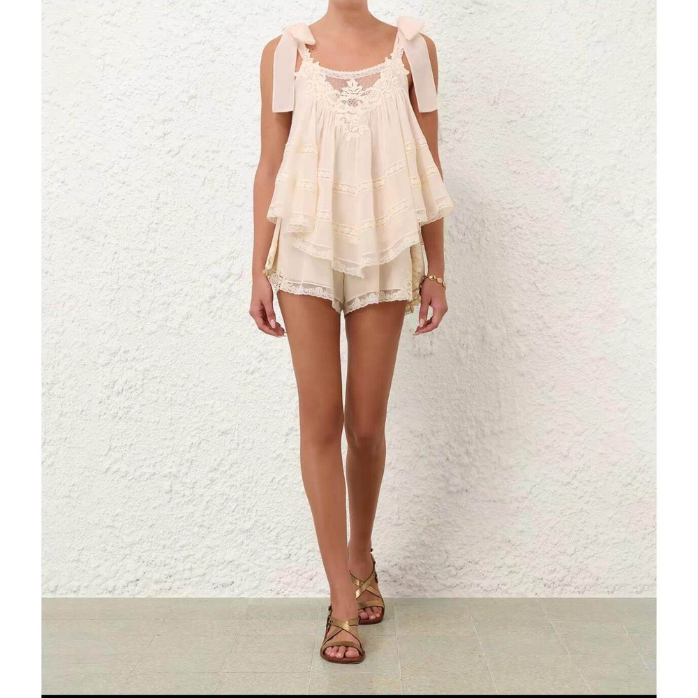 NWT Zimmermann Cream Lace Patchwork Cami Top Shorts Set Women