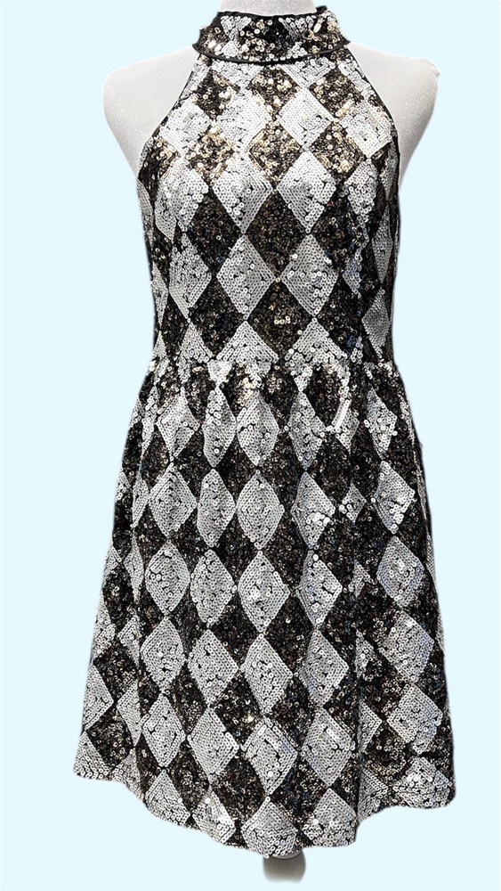 Silver Black Sequin Halter Diamond A-Line Sleeveless Party Dress