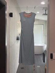 OGL Women&rsquo;s Size S NWT Slate Blue Ruched Sleeveless Maxi Dress Stretch Knit