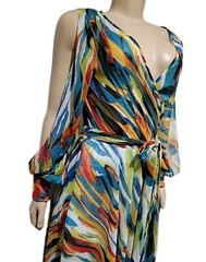 Spyzone Exchange Retro Style Sz S Chiffon Long Slit sleeve Multicolor Dress #CC