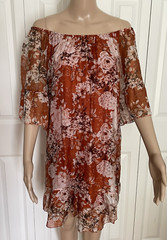 NWT Elena Baldi M Rust Floral Viscose Silk On Off Shoulder Ruffle Dress, Italy