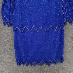 VINTAGE Laurence Kazar Dress Women L Large Blue Knee Length Silk Cocktail Sequin