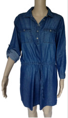 Gloria Vanderbilt, Small, Chambray Tencel Dress, Cinch Waist, Roll Tab Sleeves