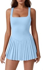 Womens Square Neck Tennis Dress Pleated Sleeveless Built in Shorts Golf Dress