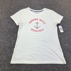 Nautica Dress Womens Small White Striped Nautical Anchor Graphic T-Shirt Summer