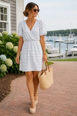 LOFT Black & Tan Striped Faux Wrap Dress | Puff Sleeve Mini Dress |
