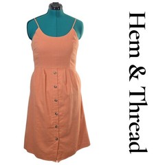Hem & Thread Orange 2 Tie Back Button Front Midi Dress Linen Blend Size Large
