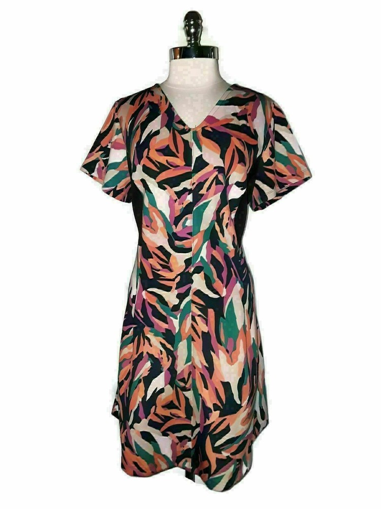 NEW METAPHOR Plus Size 1X Dress Black Pink Green Stretch Knit Short Sleeve